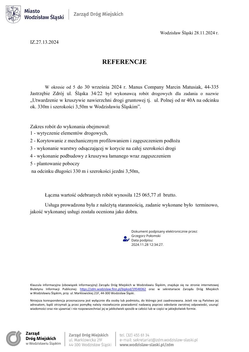 Referencje 2024 ZDM Wodzisław Śląski – utwardzenie drogi, ul. Polna